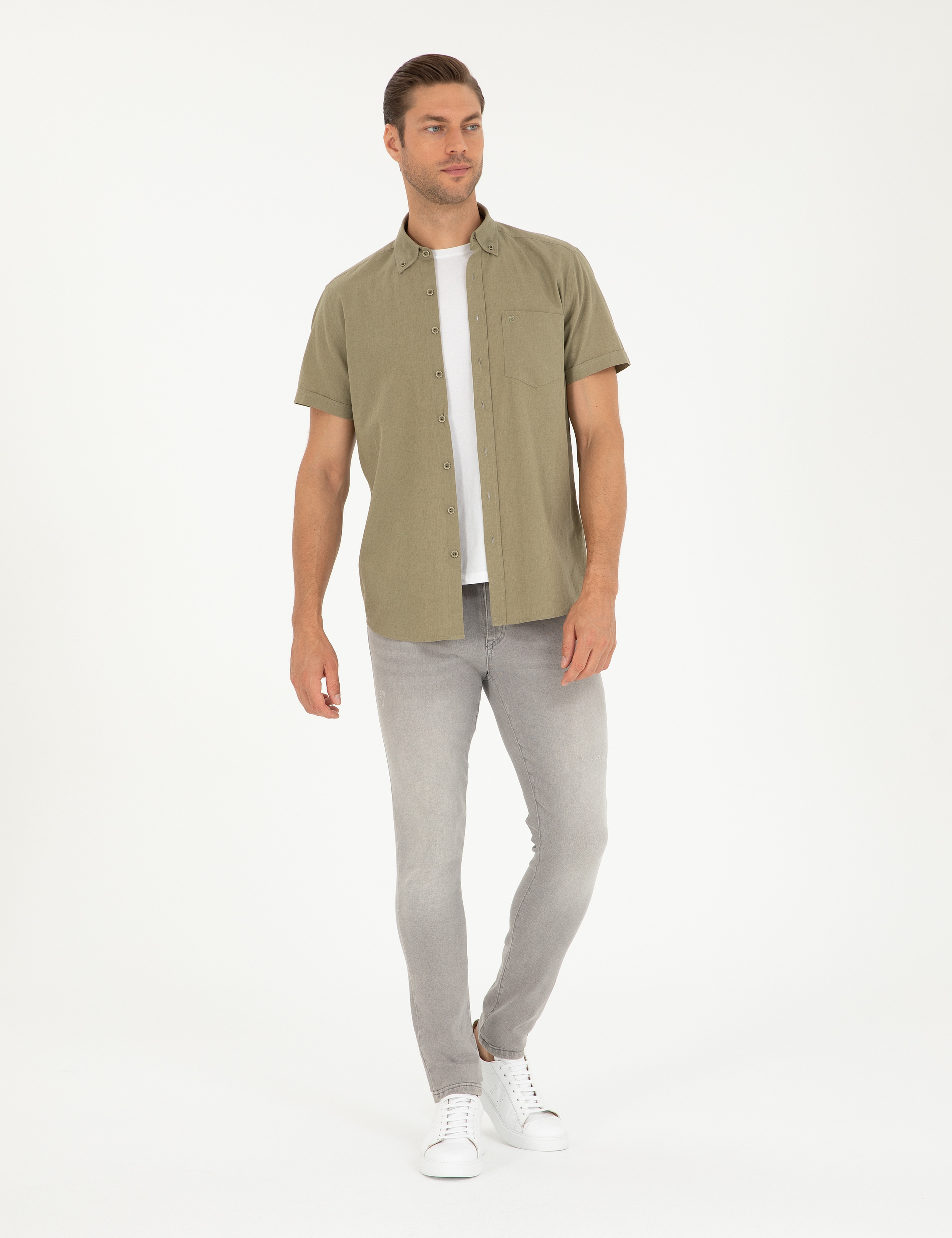Haki Keten Karışımlı Regular Fit Kısa Kollu Gömlek - Image 4