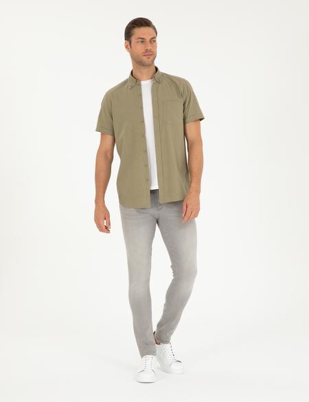 Haki Keten Karışımlı Regular Fit Kısa Kollu Gömlek - 50284166034
