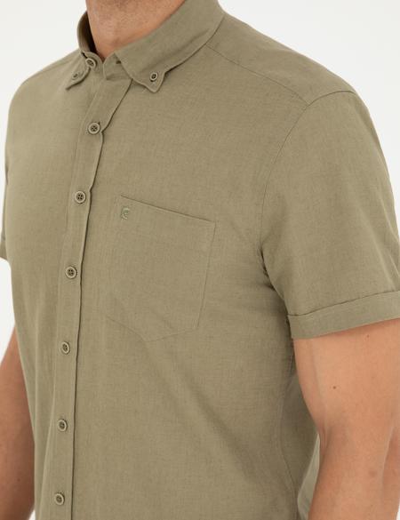 Haki Keten Karışımlı Regular Fit Kısa Kollu Gömlek - 50284166034
