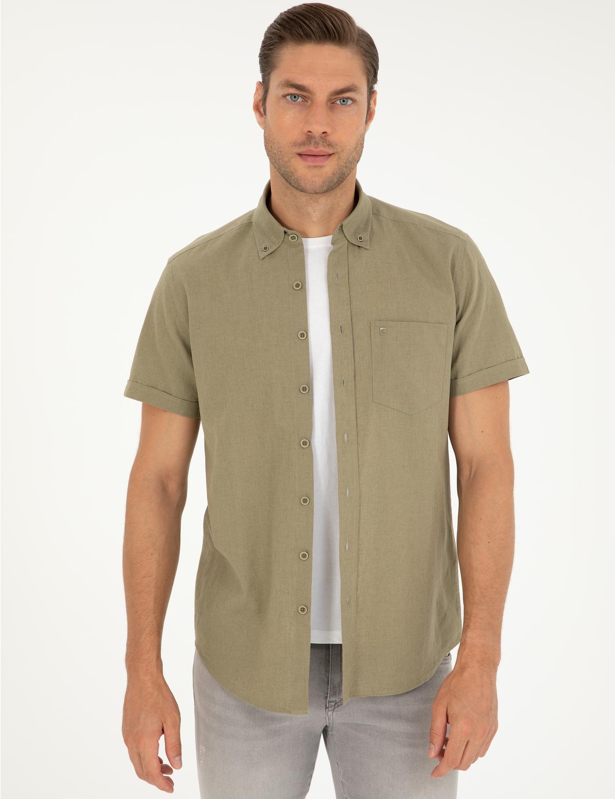 Haki Keten Karışımlı Regular Fit Kısa Kollu Gömlek - 50284166034