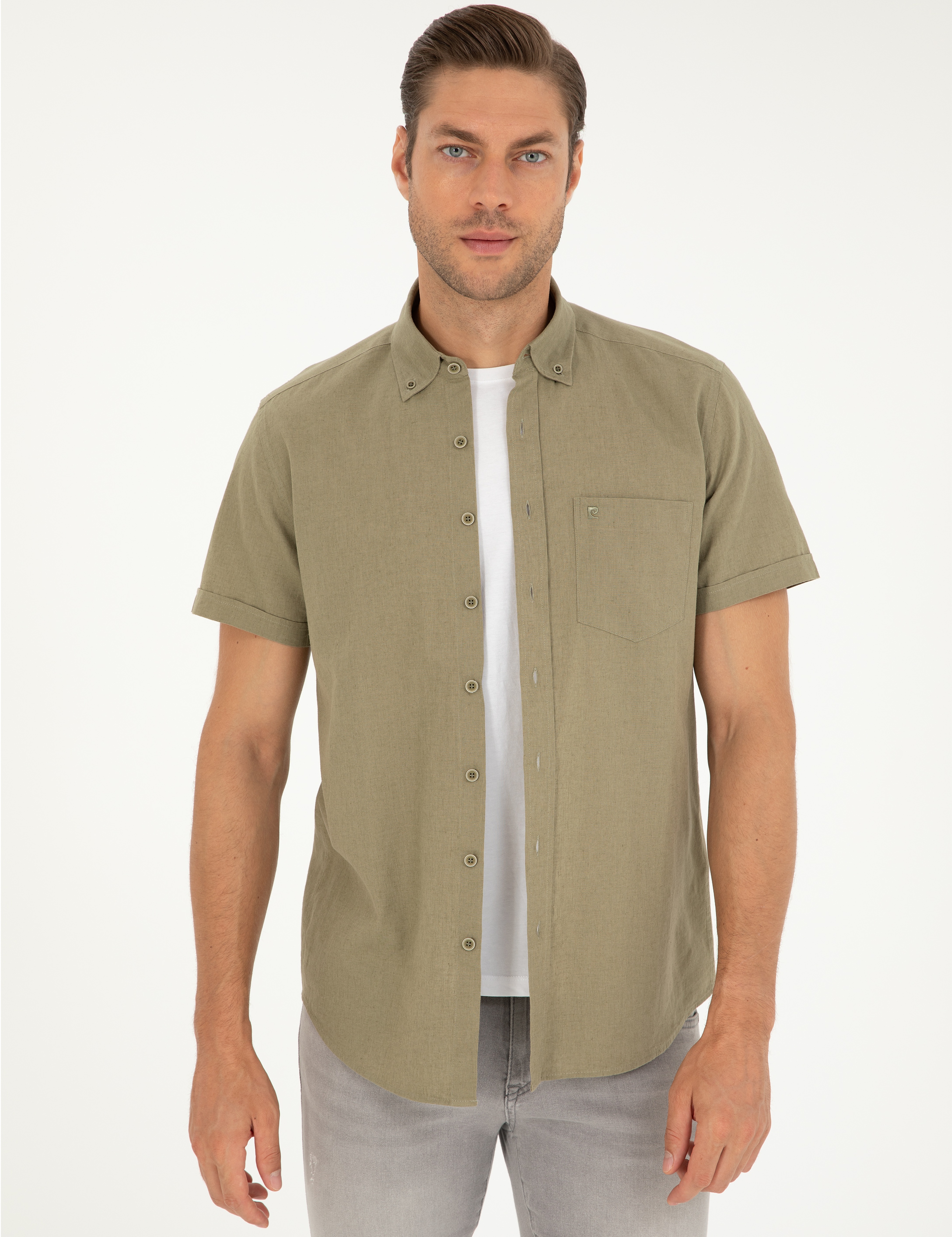 Haki Keten Karışımlı Regular Fit Kısa Kollu Gömlek - Image 3