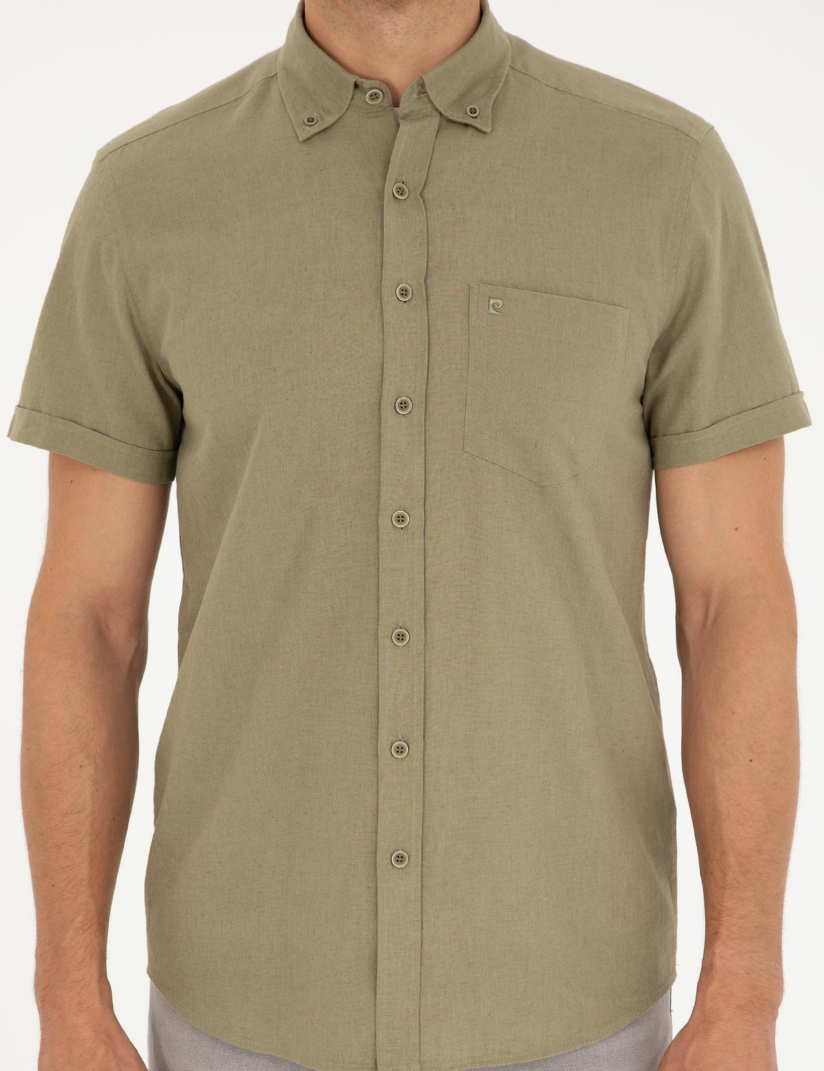 Haki Keten Karışımlı Regular Fit Kısa Kollu Gömlek - 50284166034