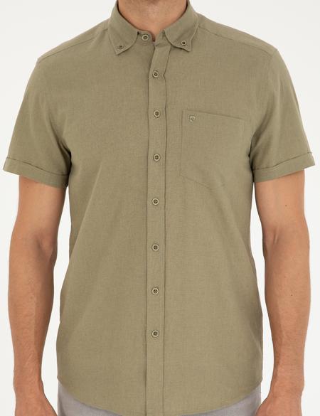 Haki Keten Karışımlı Regular Fit Kısa Kollu Gömlek - 50284166034