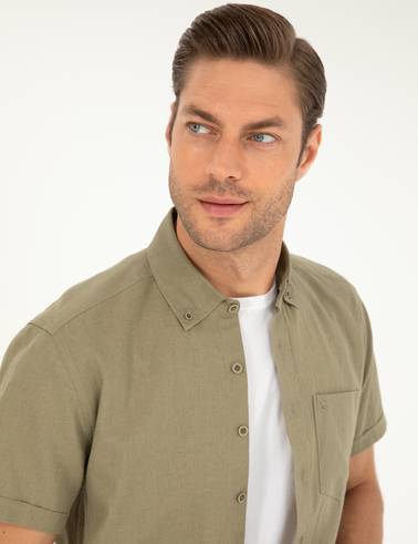 Haki Keten Karışımlı Regular Fit Kısa Kollu Gömlek