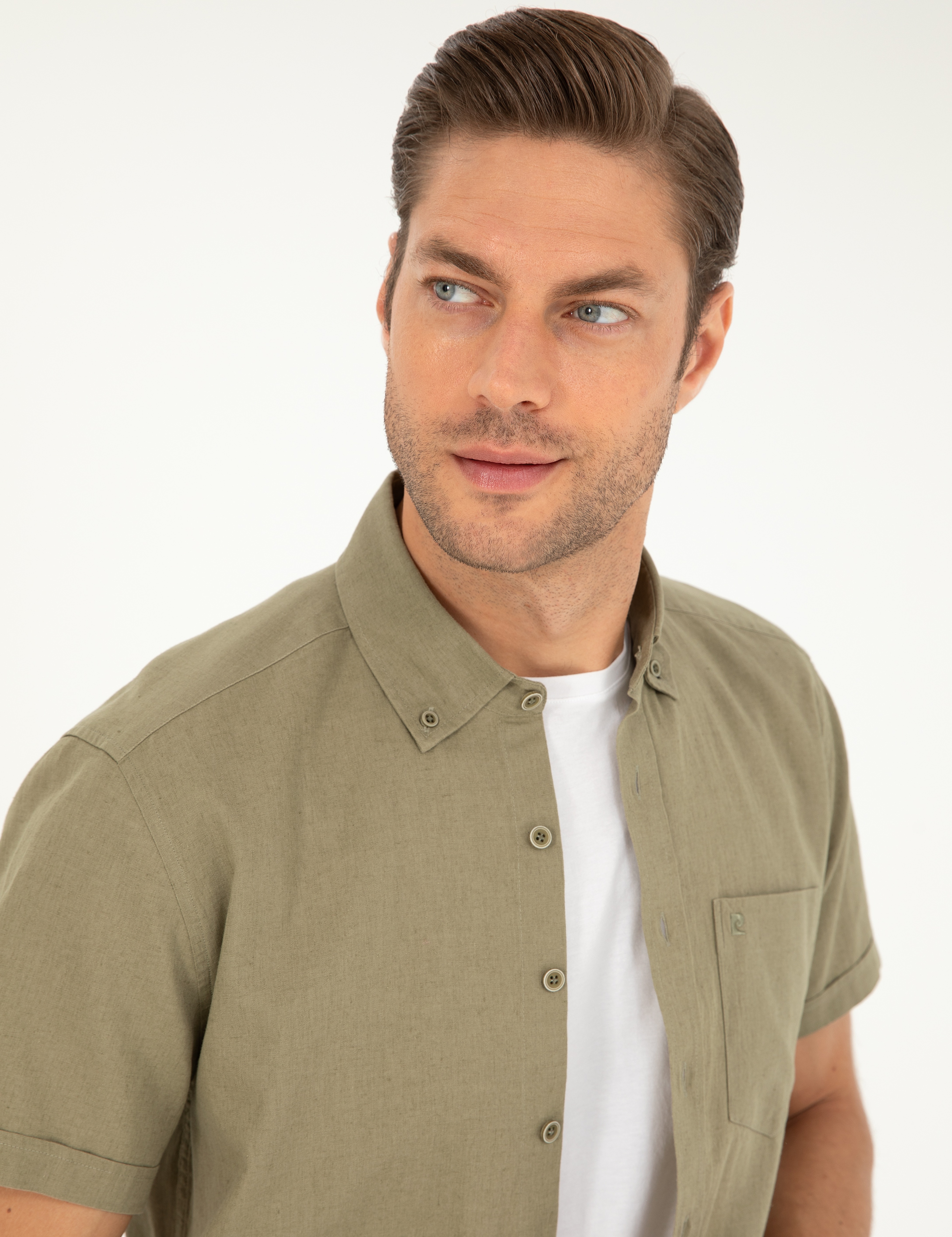 Haki Keten Karışımlı Regular Fit Kısa Kollu Gömlek - Image 2