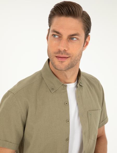 Haki Keten Karışımlı Regular Fit Kısa Kollu Gömlek - 50284166034