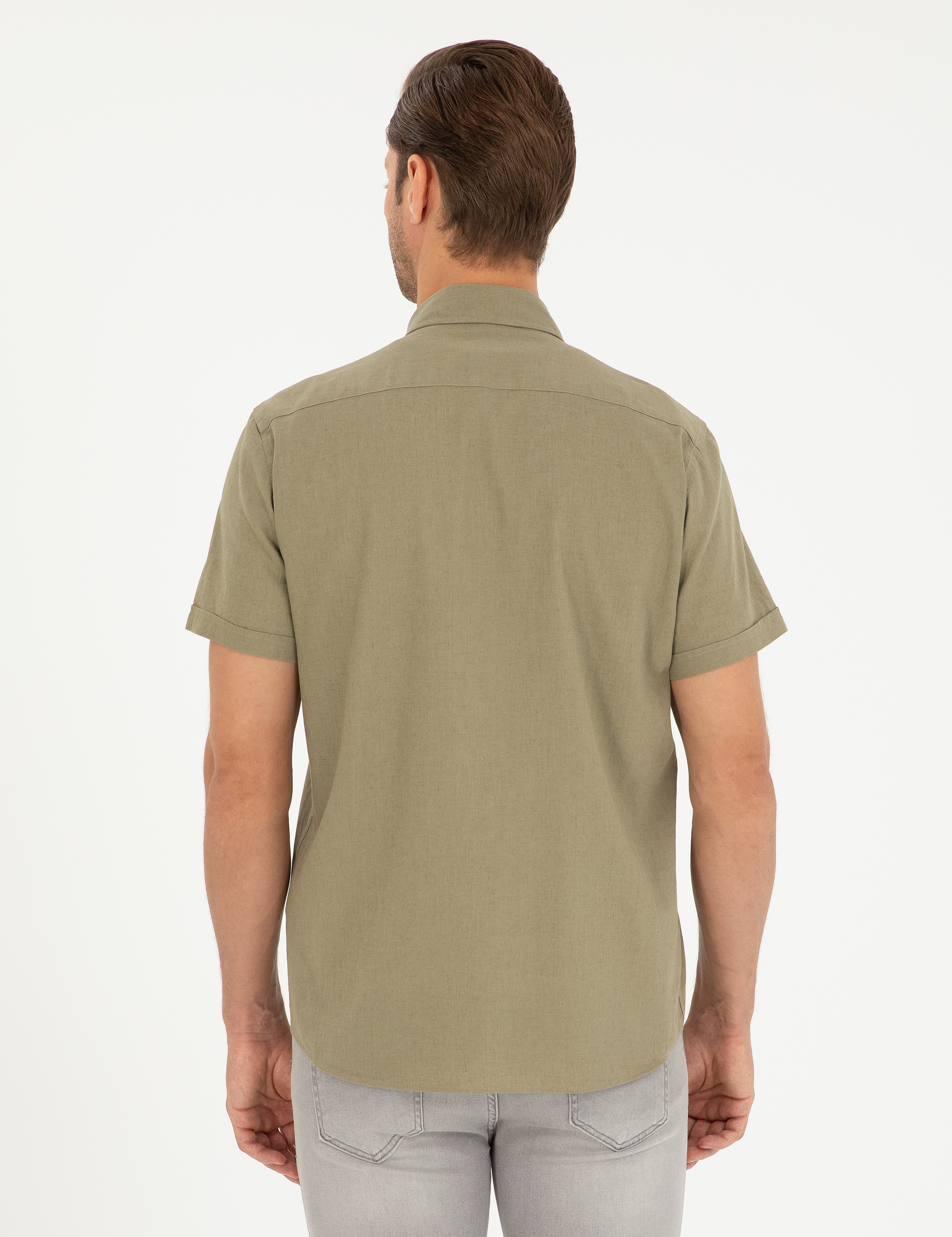 Haki Keten Karışımlı Regular Fit Kısa Kollu Gömlek - Image 5