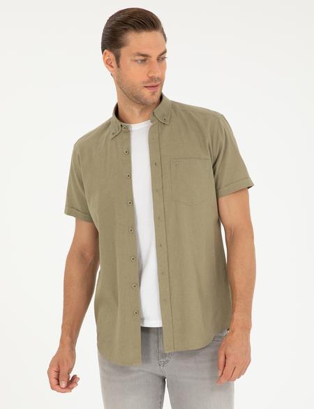 Haki Keten Karışımlı Regular Fit Kısa Kollu Gömlek - 50284166034