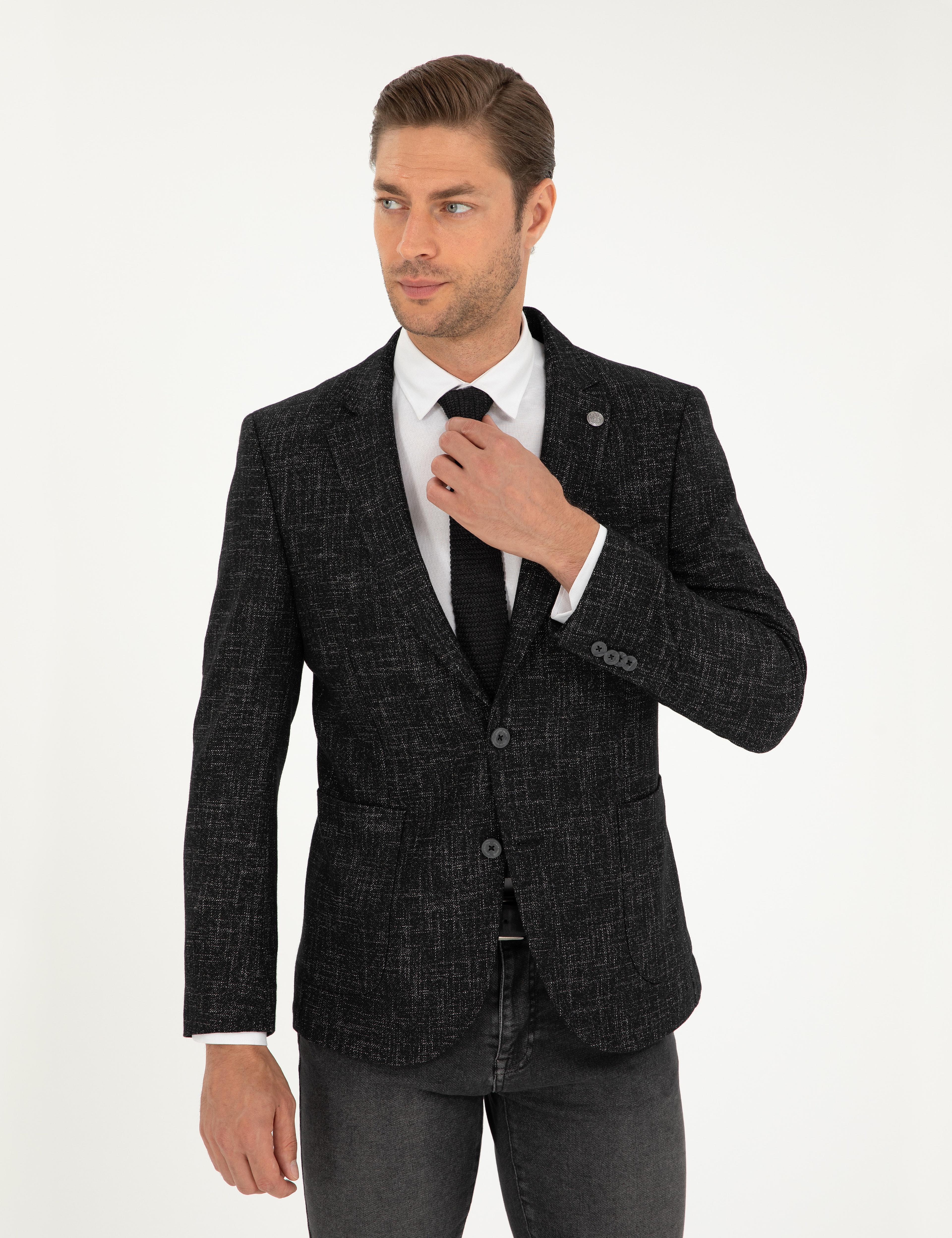 Siyah Yün Karışımlı Ex. Slim Fit Ceket - Image 3