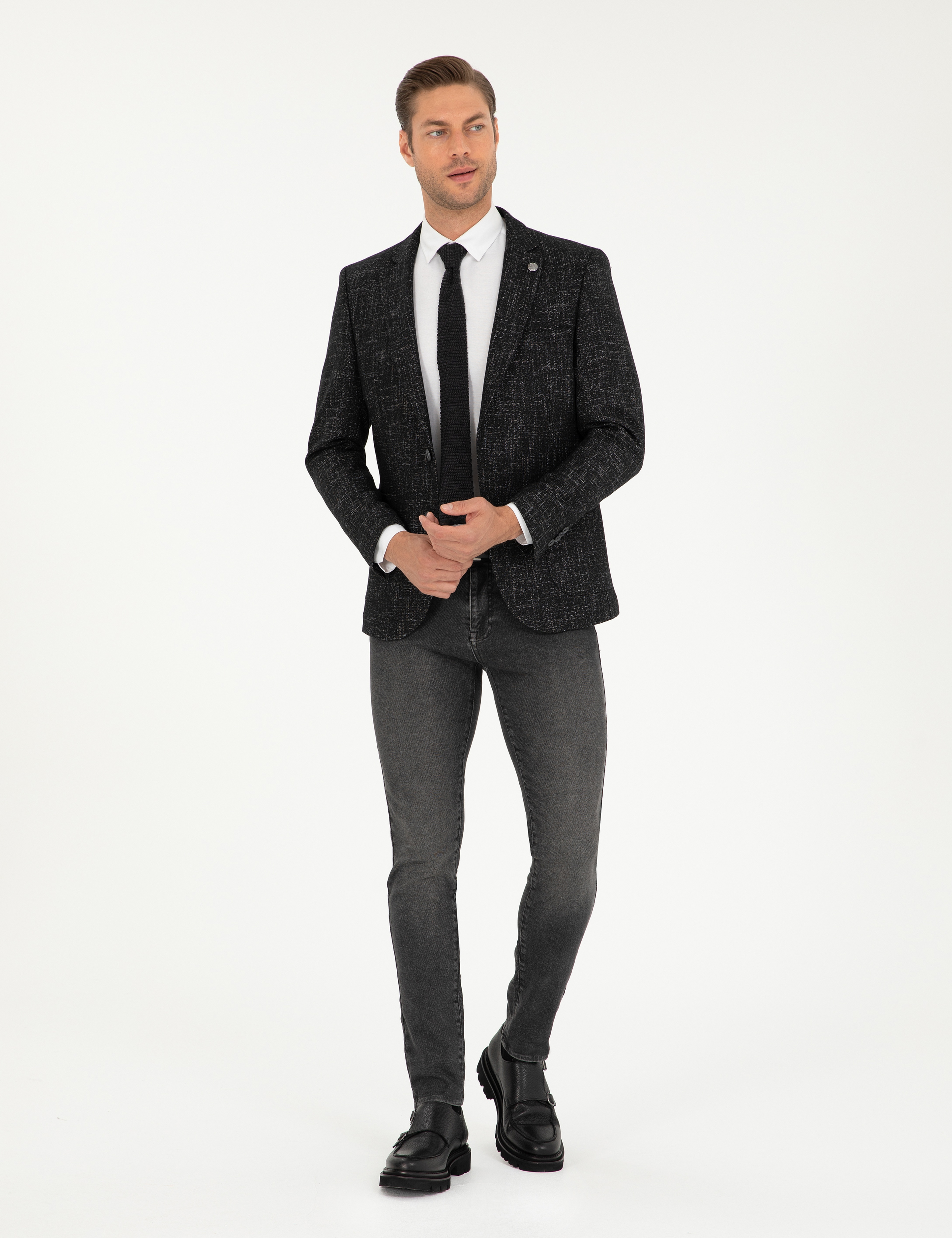 Siyah Yün Karışımlı Ex. Slim Fit Ceket - Image 4