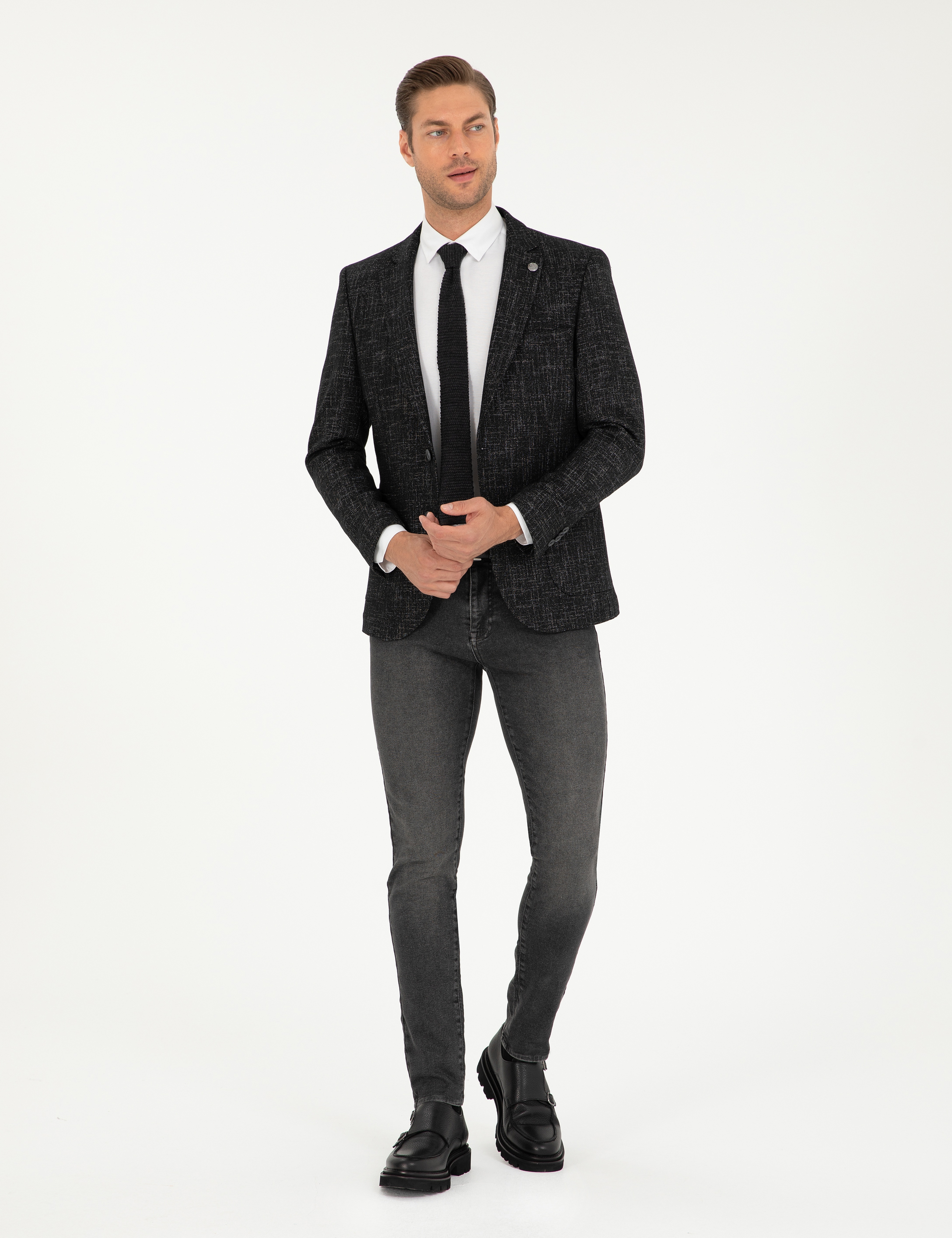 Siyah Yün Karışımlı Ex. Slim Fit Ceket