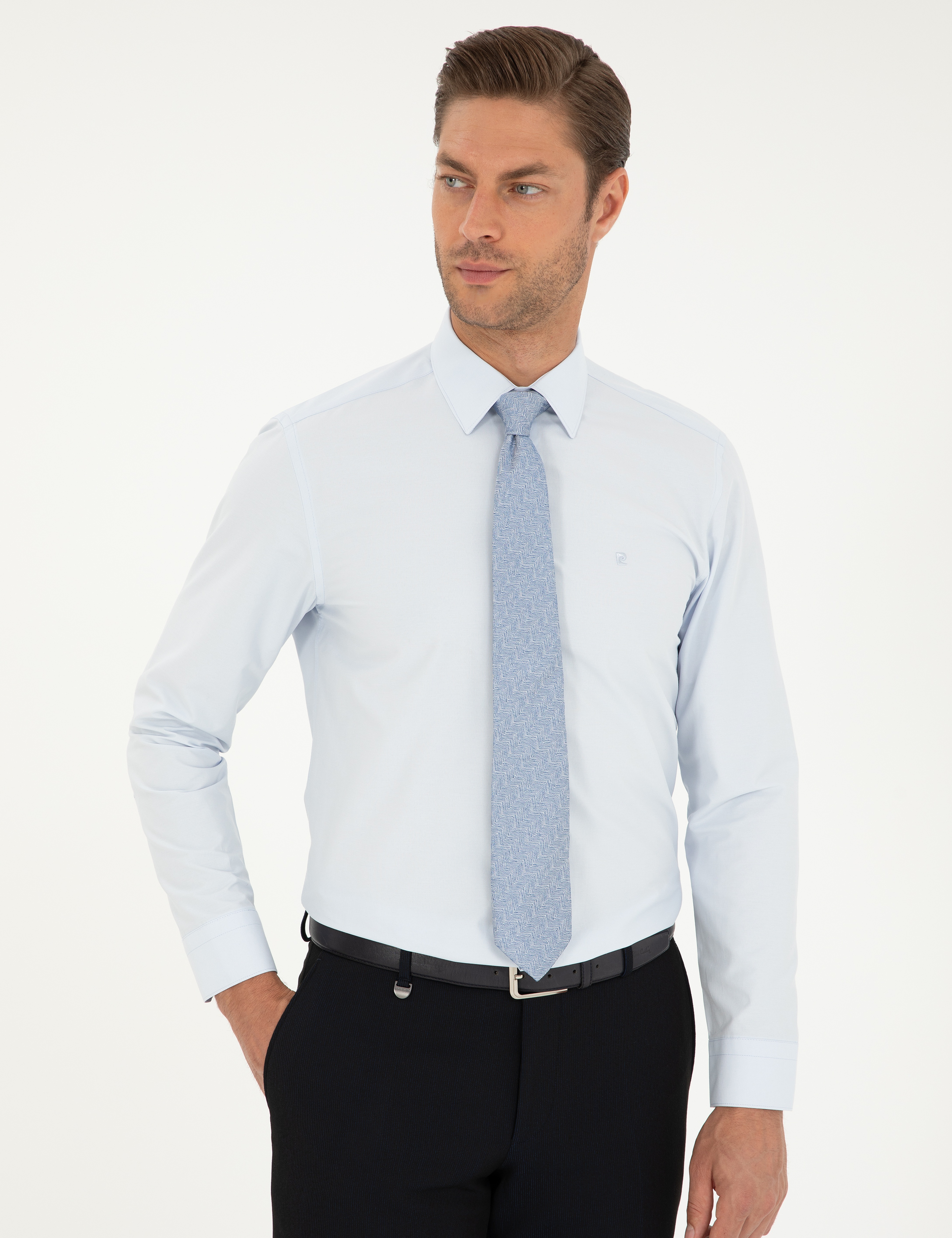 Açık Mavi Slim Fit Uzun Kollu Basic Gömlek - Image 3