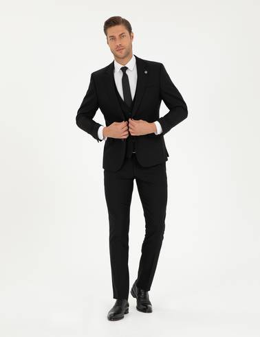Siyah Slim Fit Yelekli Takım Elbise