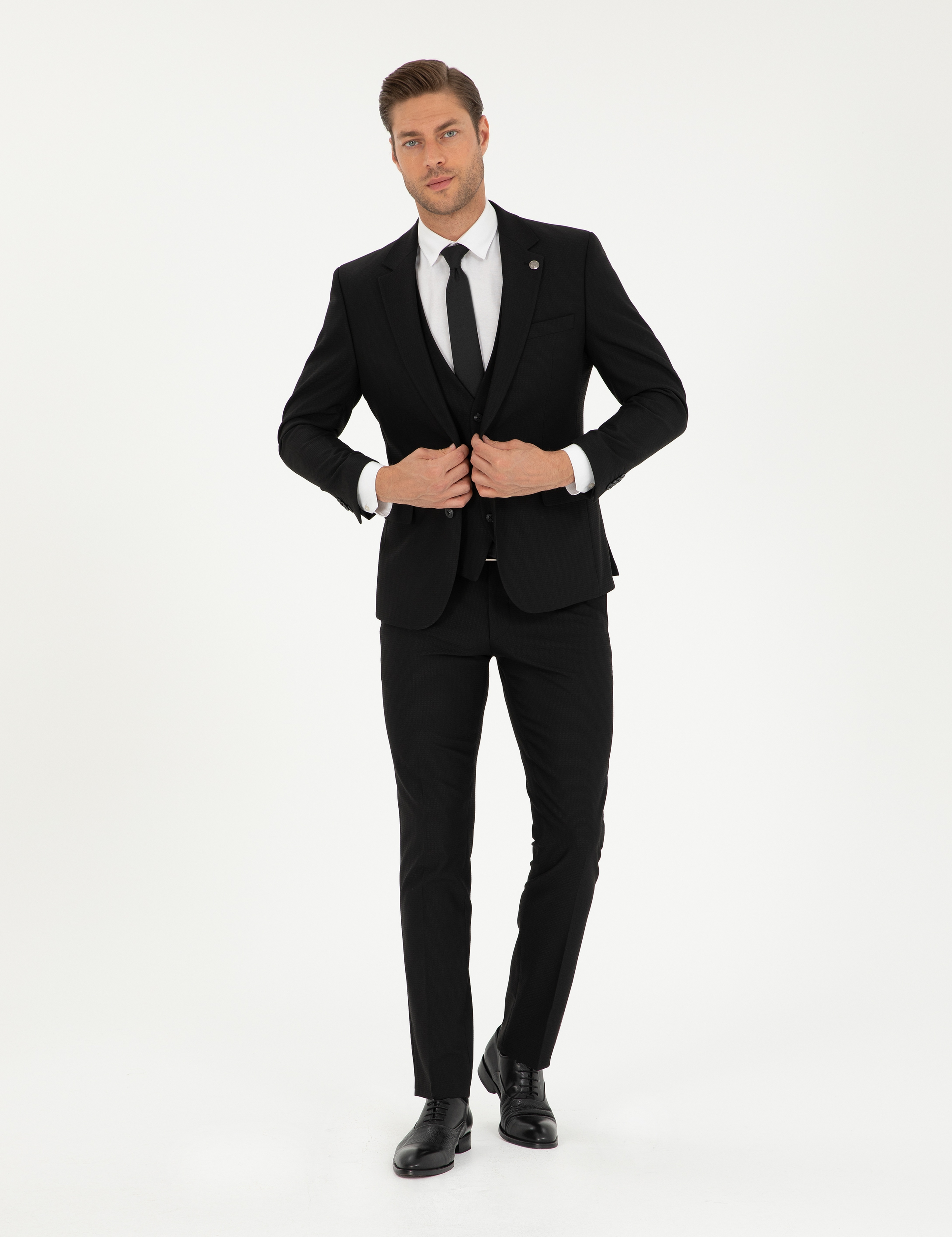 Siyah Slim Fit Yelekli Takım Elbise - Image 4