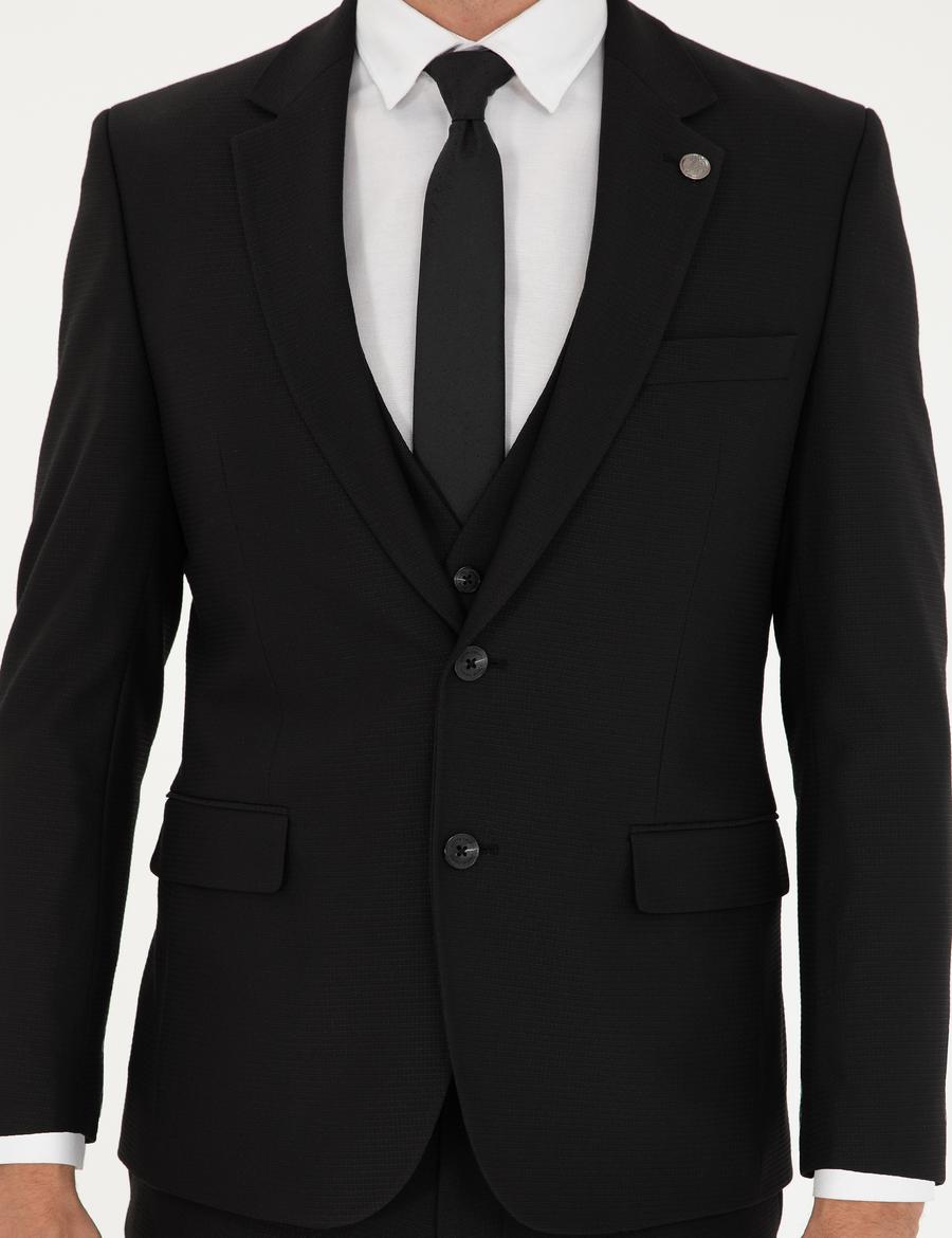 Siyah Slim Fit Yelekli Takım Elbise