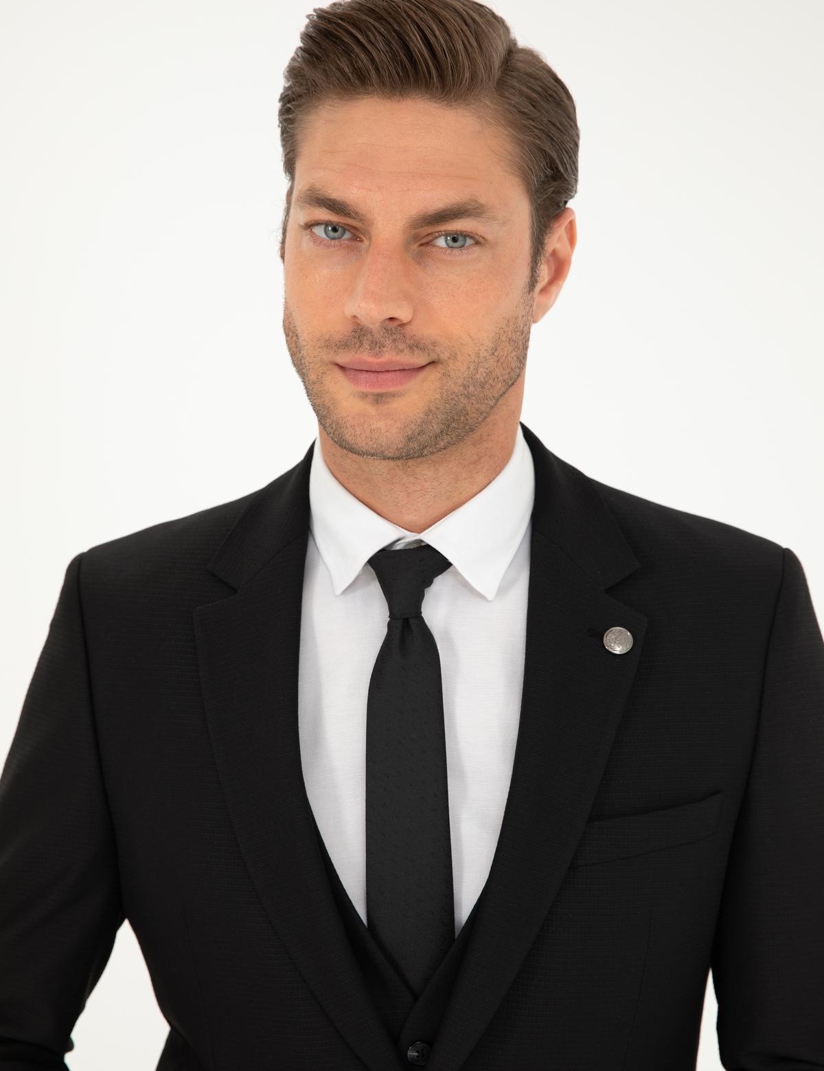 Siyah Slim Fit Yelekli Takım Elbise - 50296490017