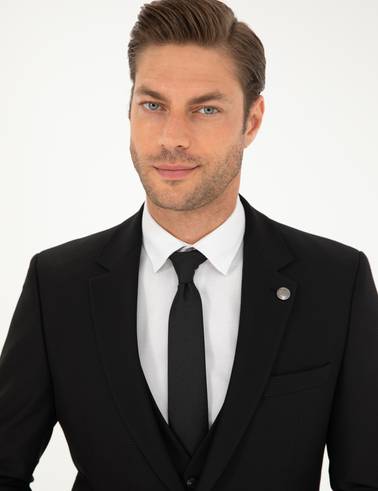 Siyah Slim Fit Yelekli Takım Elbise