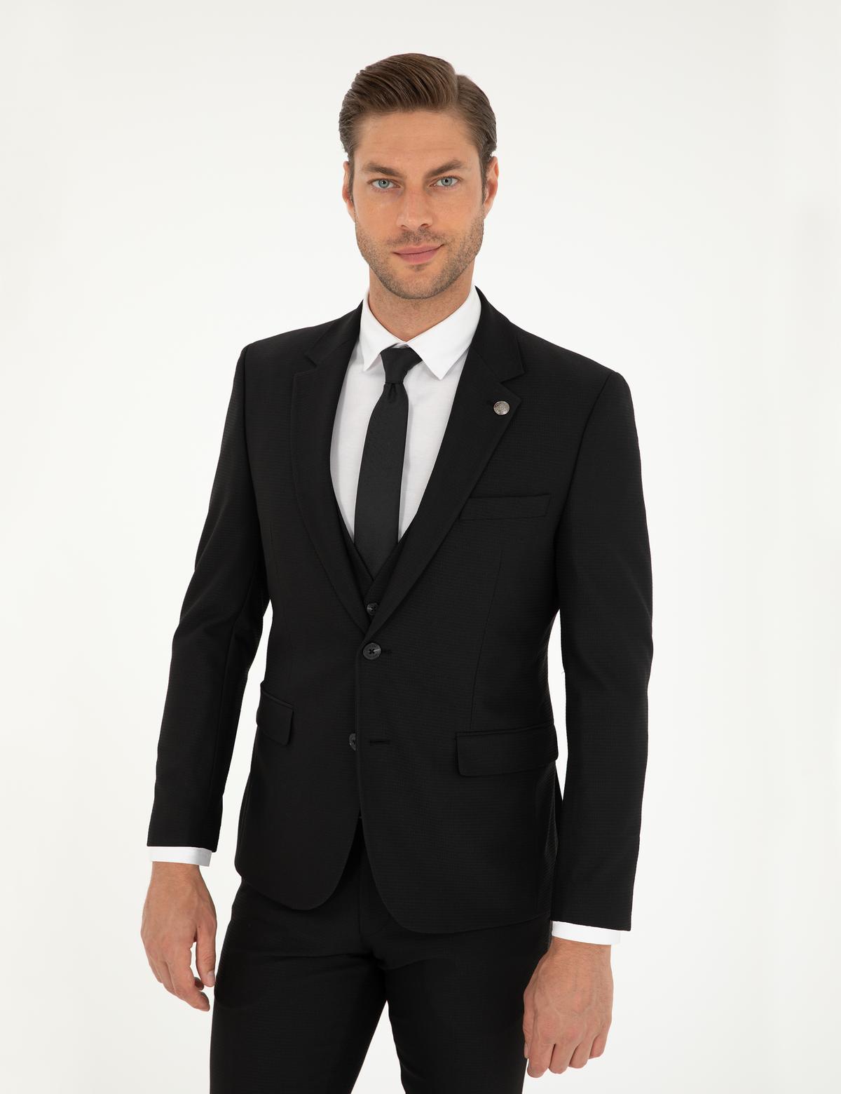 Siyah Slim Fit Yelekli Takım Elbise - 50296490017