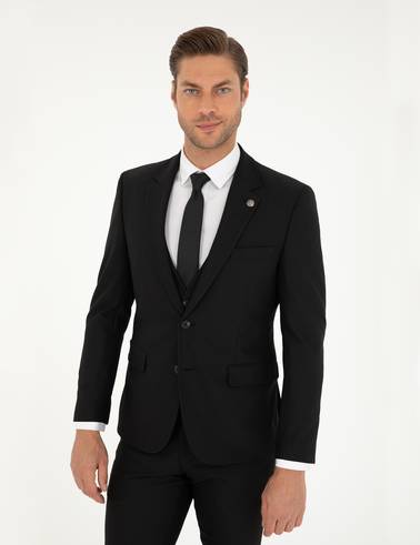Siyah Slim Fit Yelekli Takım Elbise