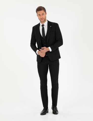 Siyah Slim Fit Yelekli Takım Elbise