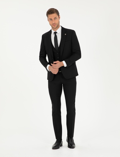 Siyah Slim Fit Yelekli Takım Elbise