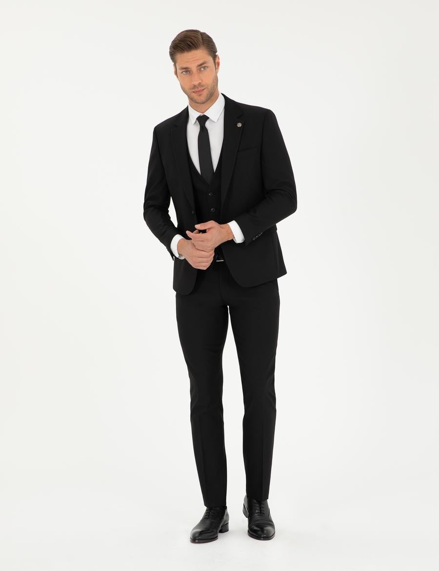 Siyah Slim Fit Yelekli Takım Elbise