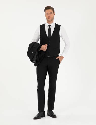 Siyah Slim Fit Yelekli Takım Elbise
