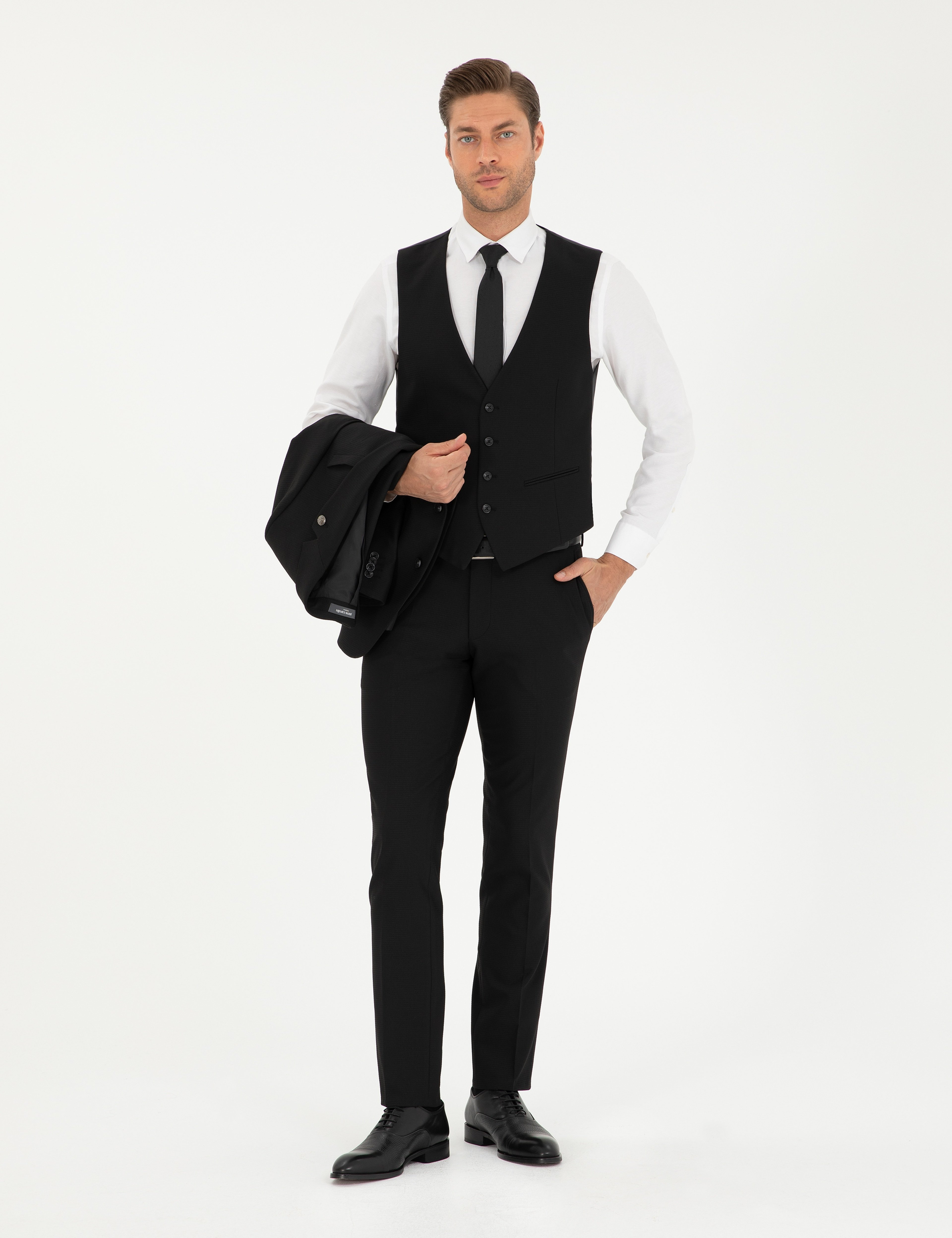 Siyah Slim Fit Yelekli Takım Elbise - Image 2