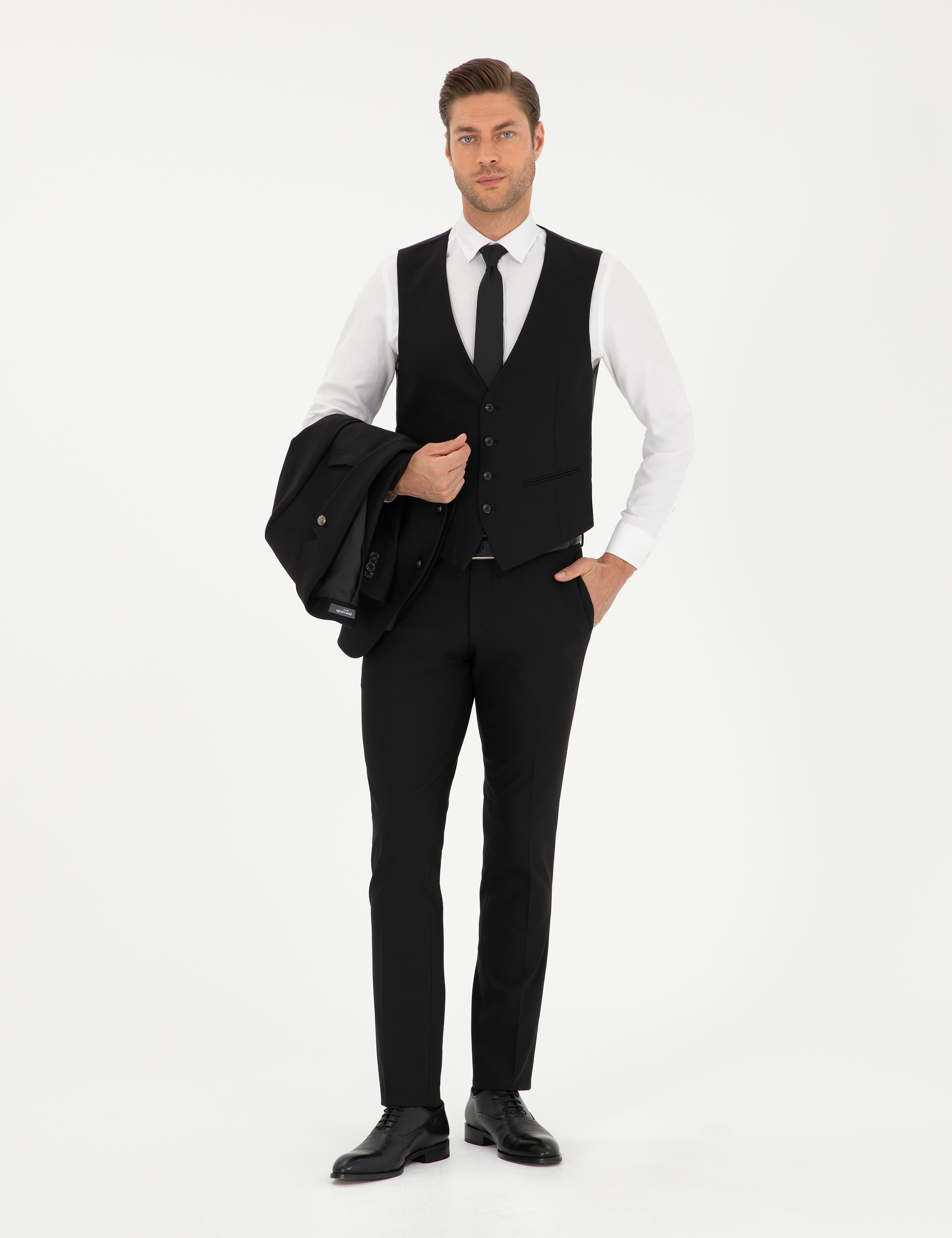 Siyah Slim Fit Yelekli Takım Elbise