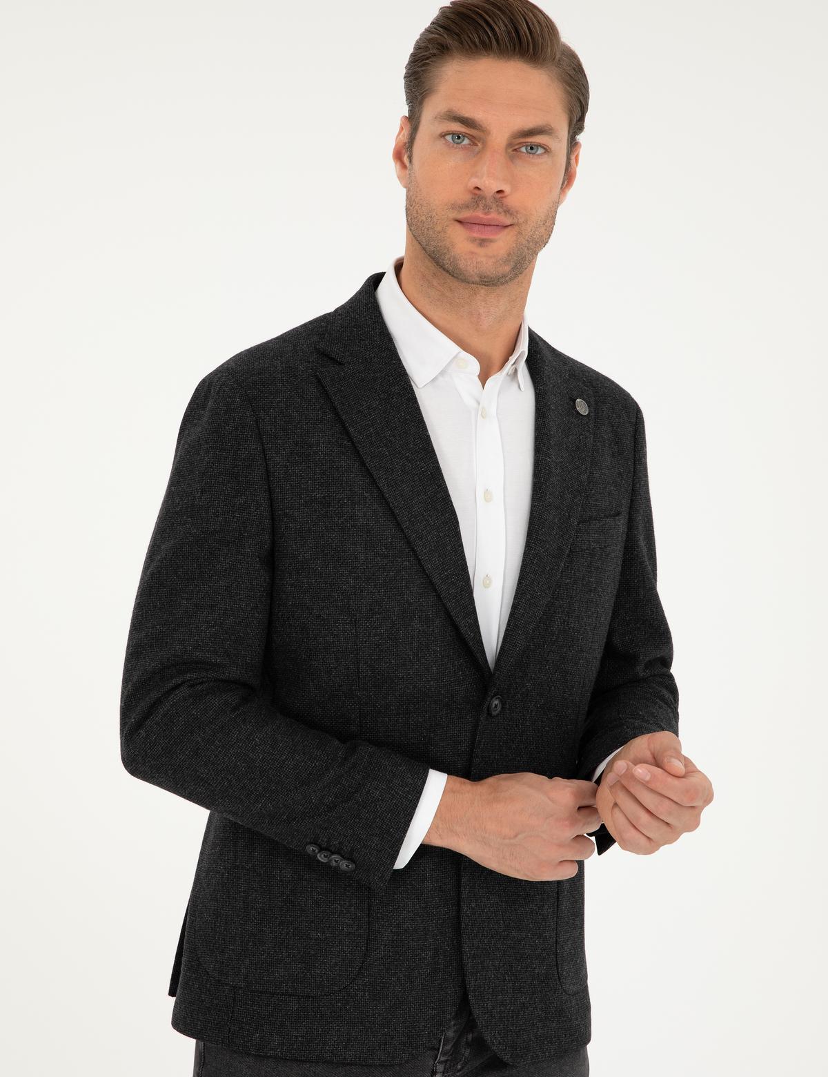 Antrasit Yün Karışımlı Slim Fit Ceket - 50291937005