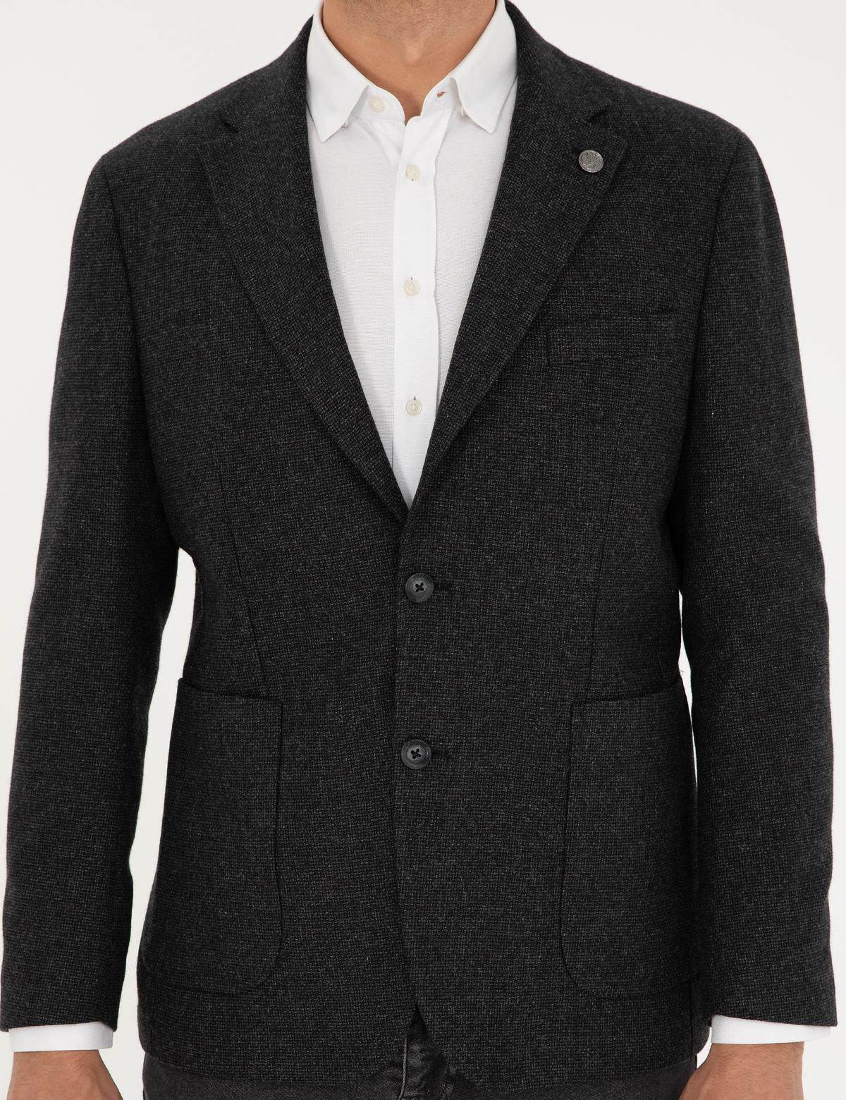 Antrasit Yün Karışımlı Slim Fit Ceket - 50291937005