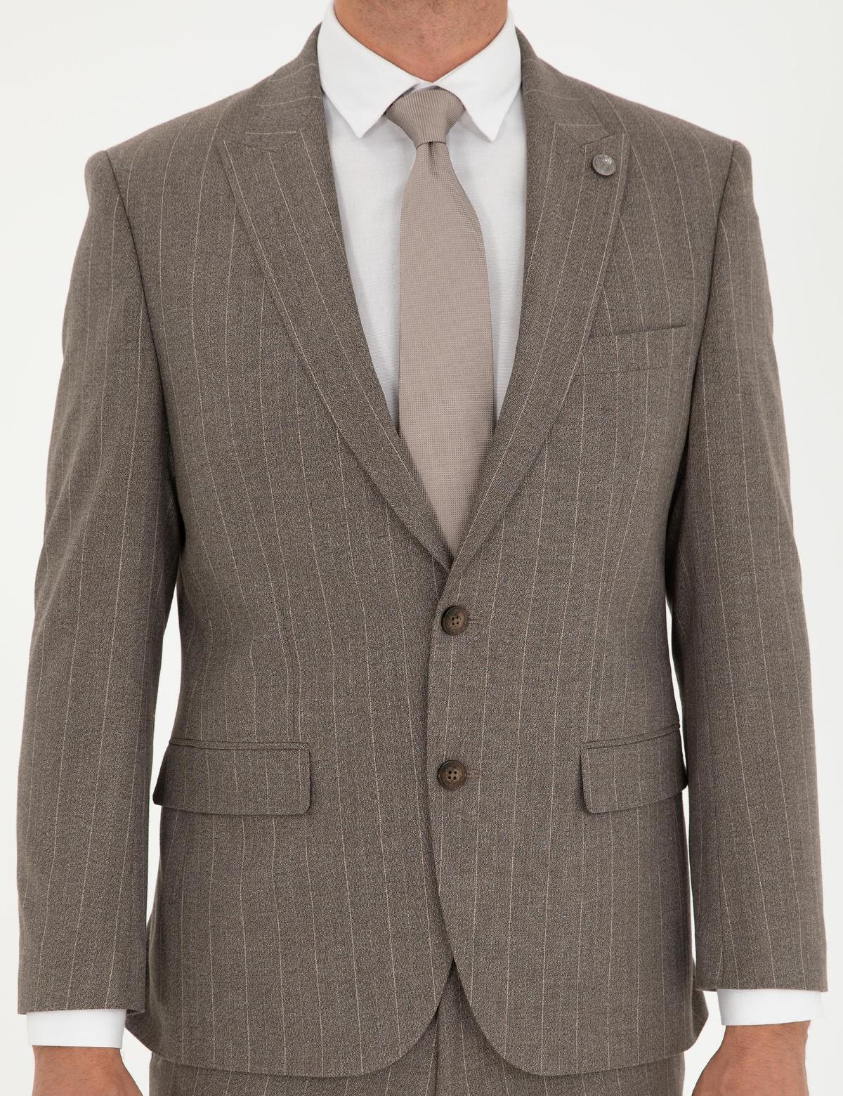 Açık Kahverengi Slim Fit Çizgili Takım Elbise - 50295219062