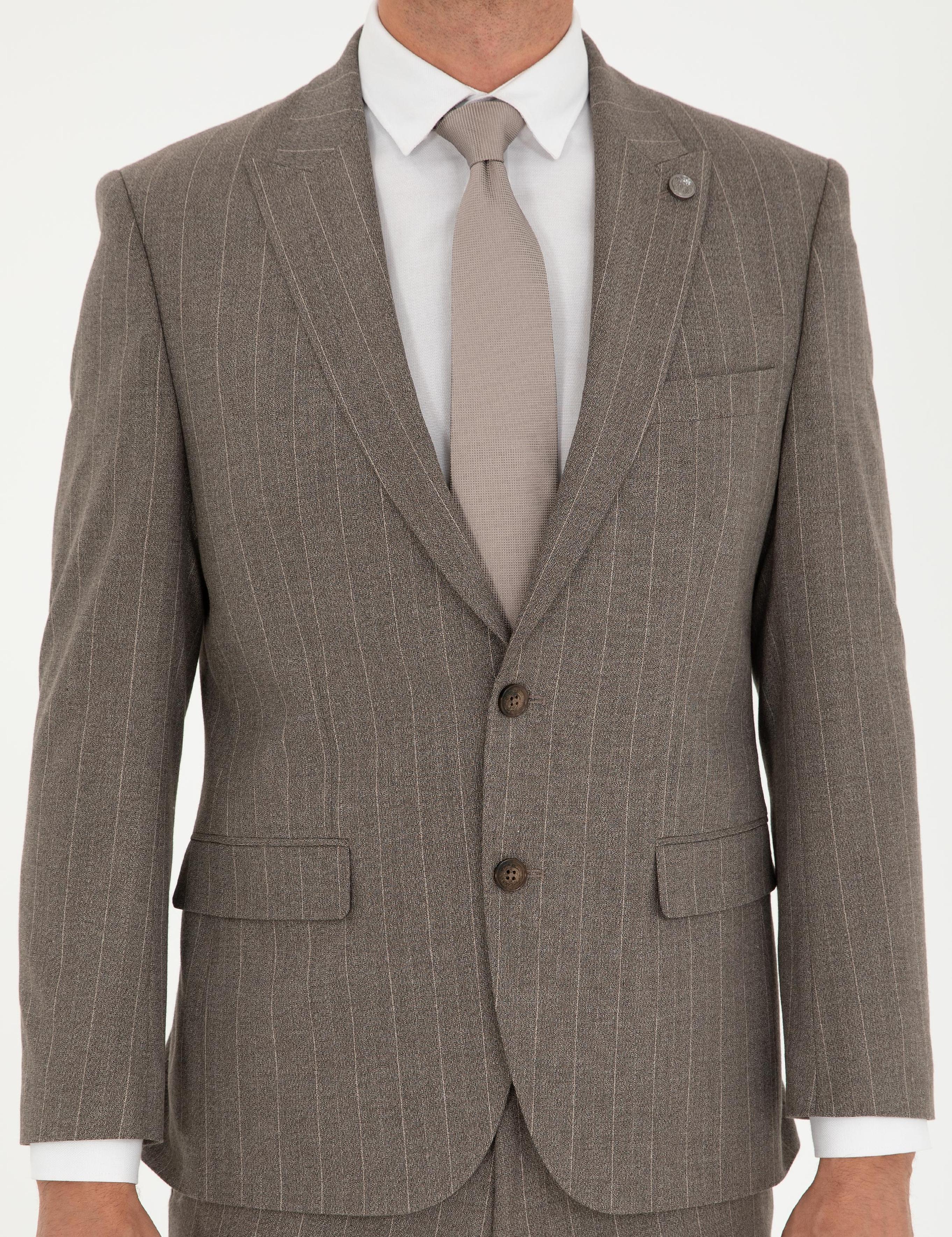 Açık Kahverengi Slim Fit Çizgili Takım Elbise