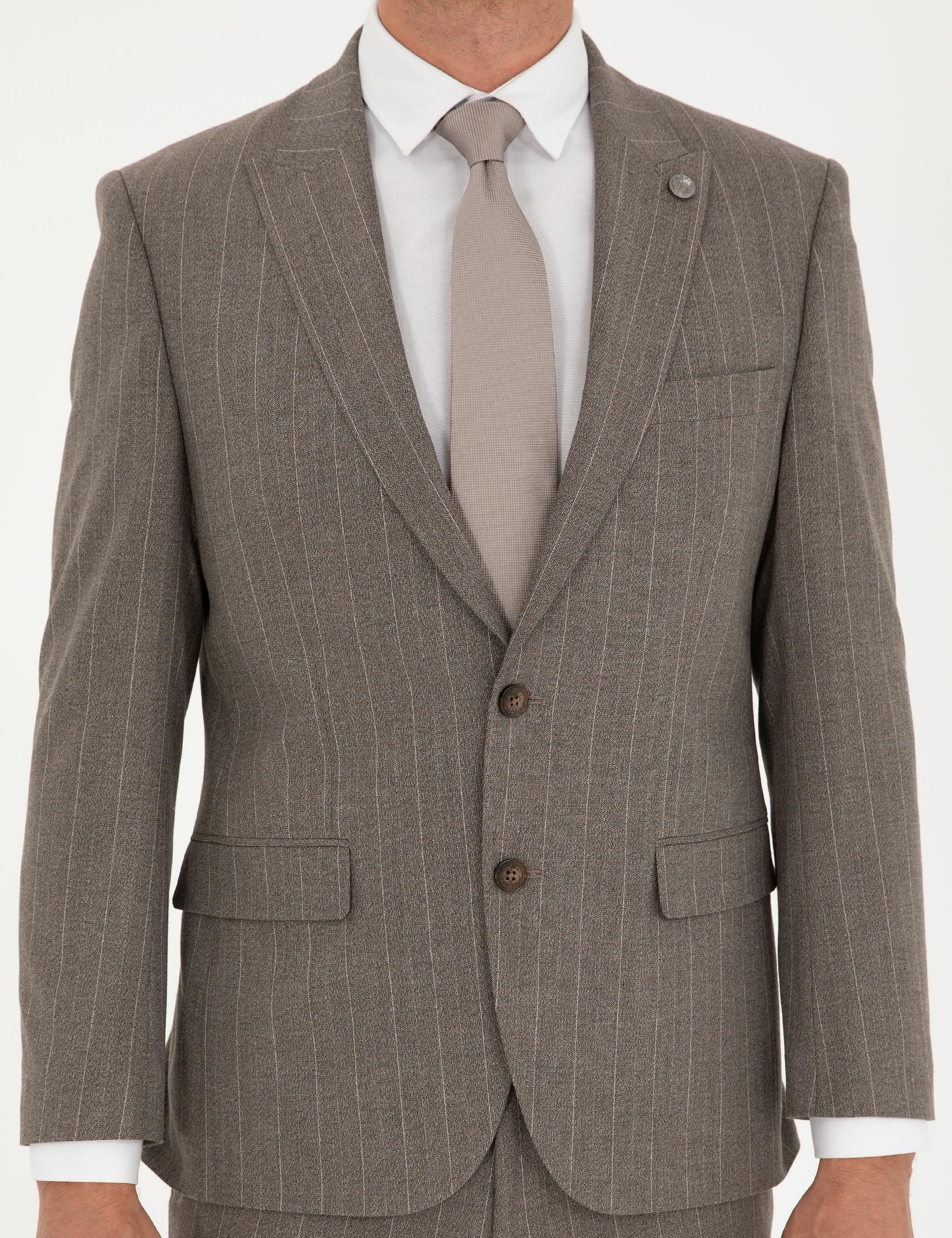 Açık Kahverengi Slim Fit Çizgili Takım Elbise - Image 6