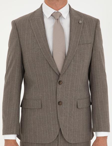Açık Kahverengi Slim Fit Çizgili Takım Elbise - 50295219062