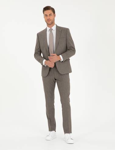 Açık Kahverengi Slim Fit Çizgili Takım Elbise