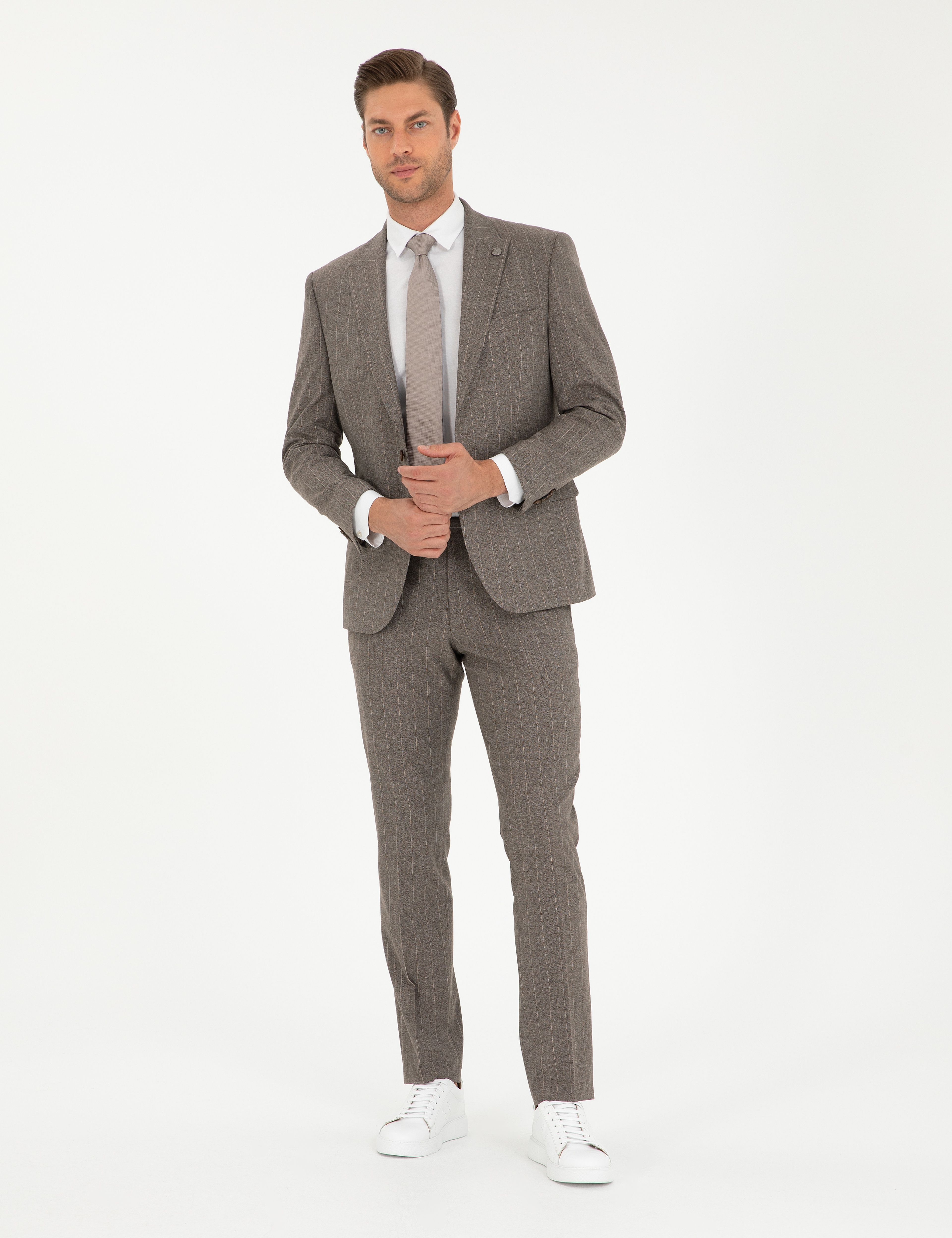 Açık Kahverengi Slim Fit Çizgili Takım Elbise