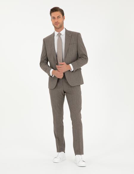 Açık Kahverengi Slim Fit Çizgili Takım Elbise - 50295219062