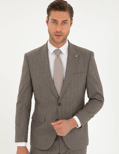 Açık Kahverengi Slim Fit Çizgili Takım Elbise