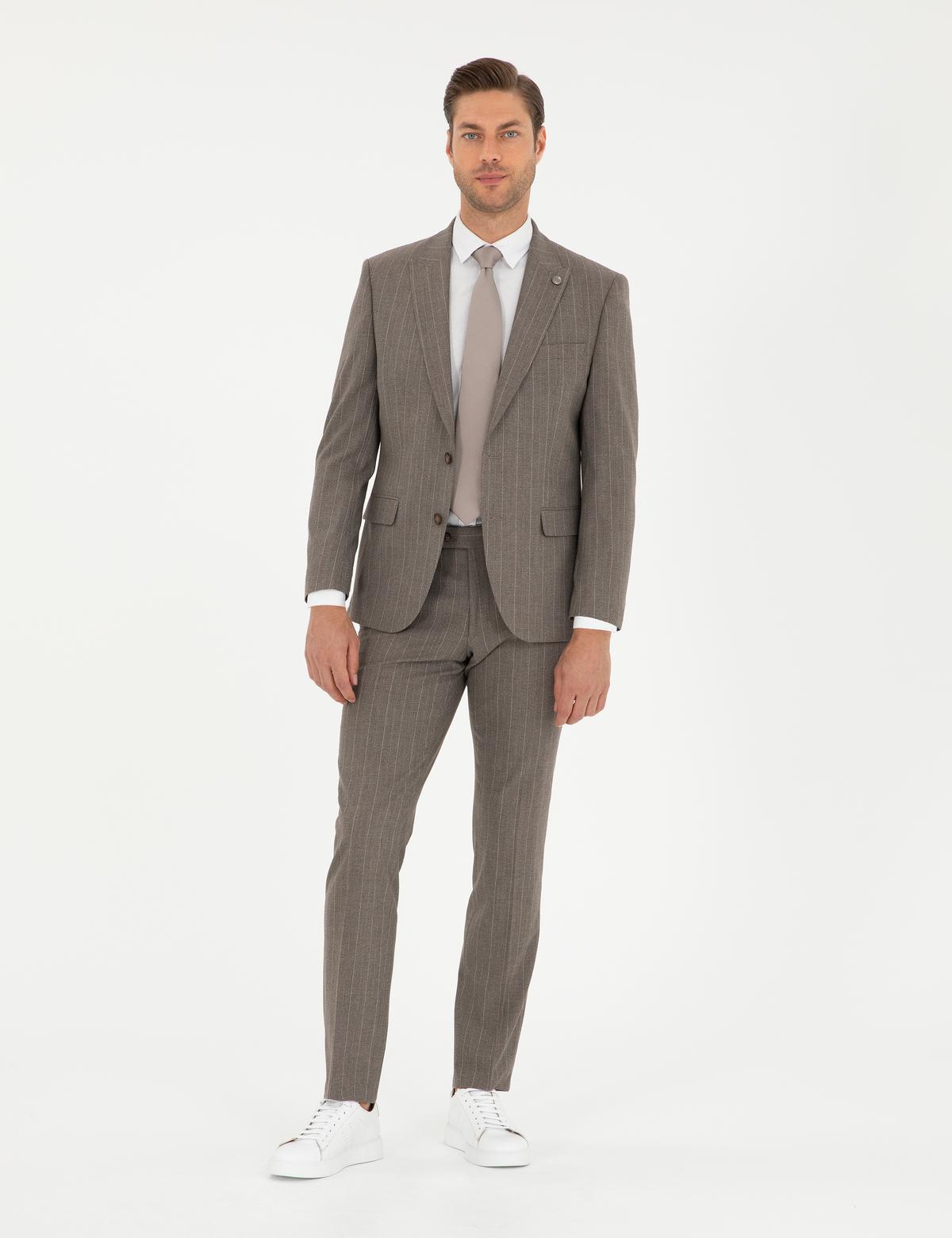 Açık Kahverengi Slim Fit Çizgili Takım Elbise