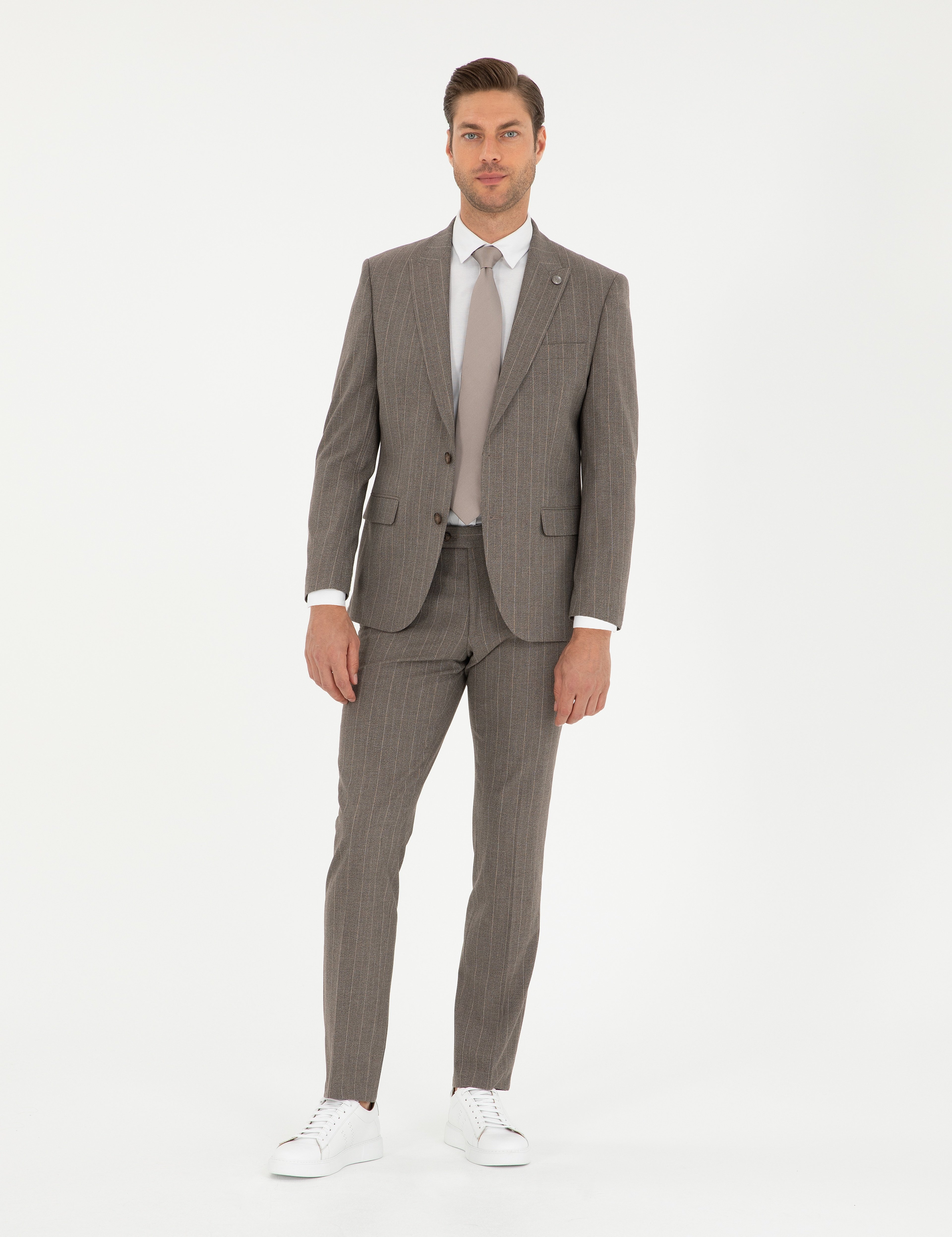 Açık Kahverengi Slim Fit Çizgili Takım Elbise - Image 1