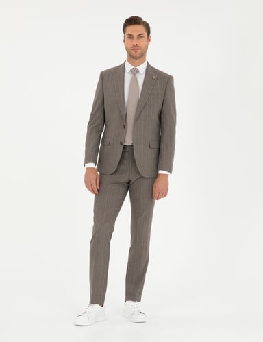 Açık Kahverengi Slim Fit Çizgili Takım Elbise