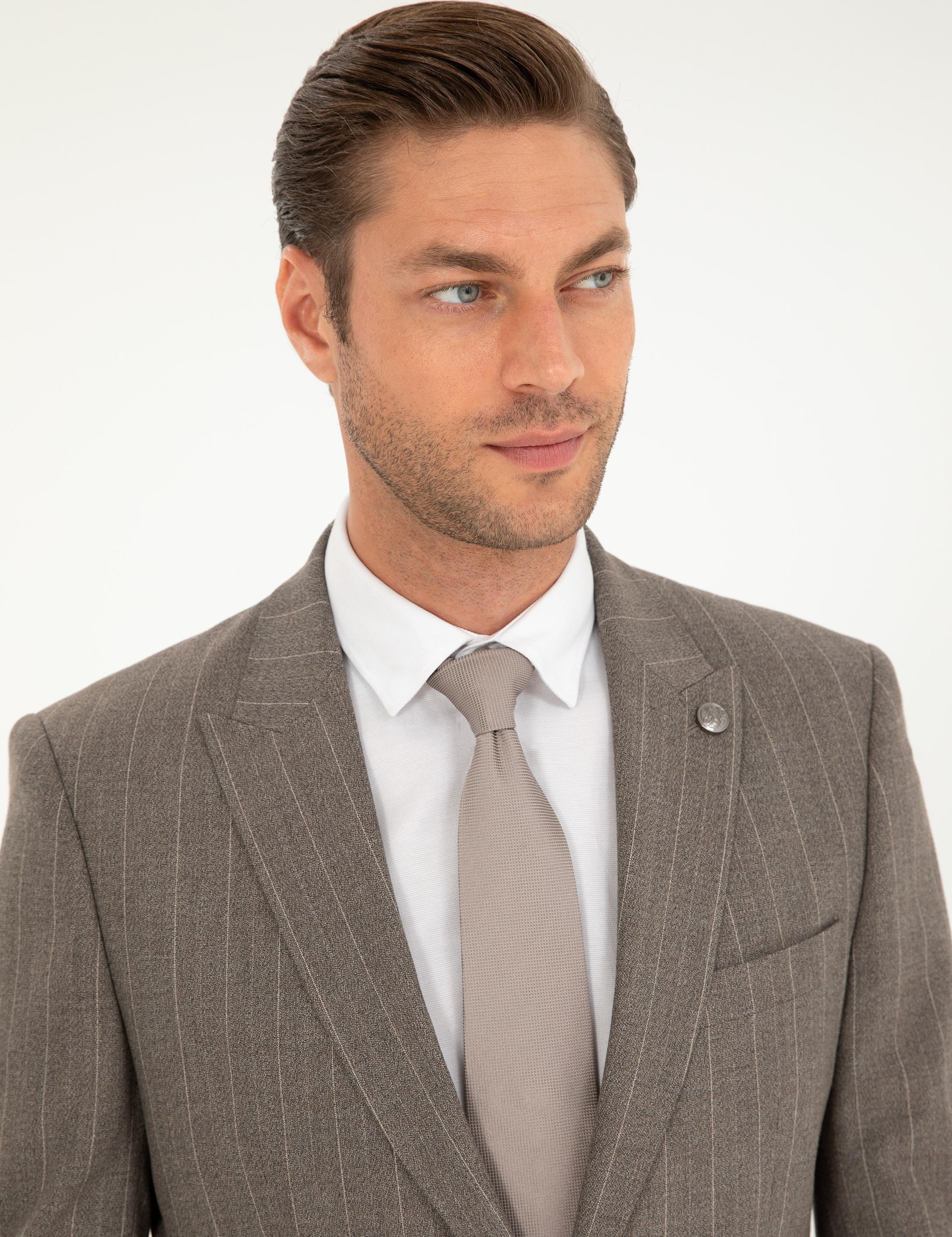 Açık Kahverengi Slim Fit Çizgili Takım Elbise