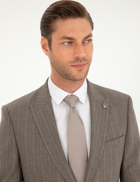 Açık Kahverengi Slim Fit Çizgili Takım Elbise - 50295219062
