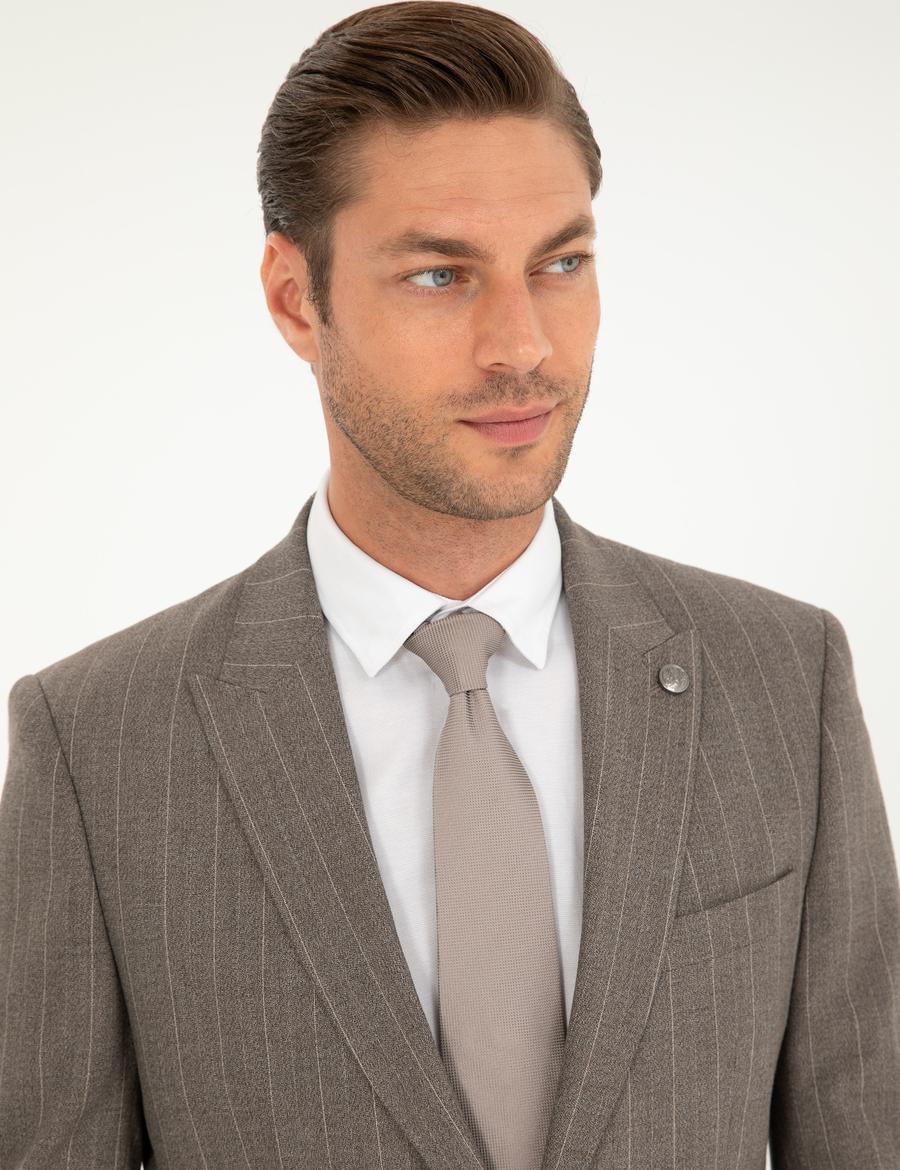Açık Kahverengi Slim Fit Çizgili Takım Elbise