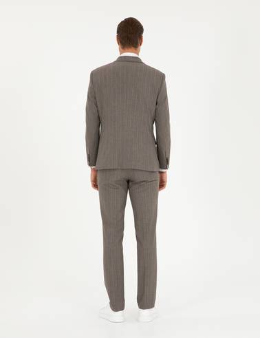 Açık Kahverengi Slim Fit Çizgili Takım Elbise