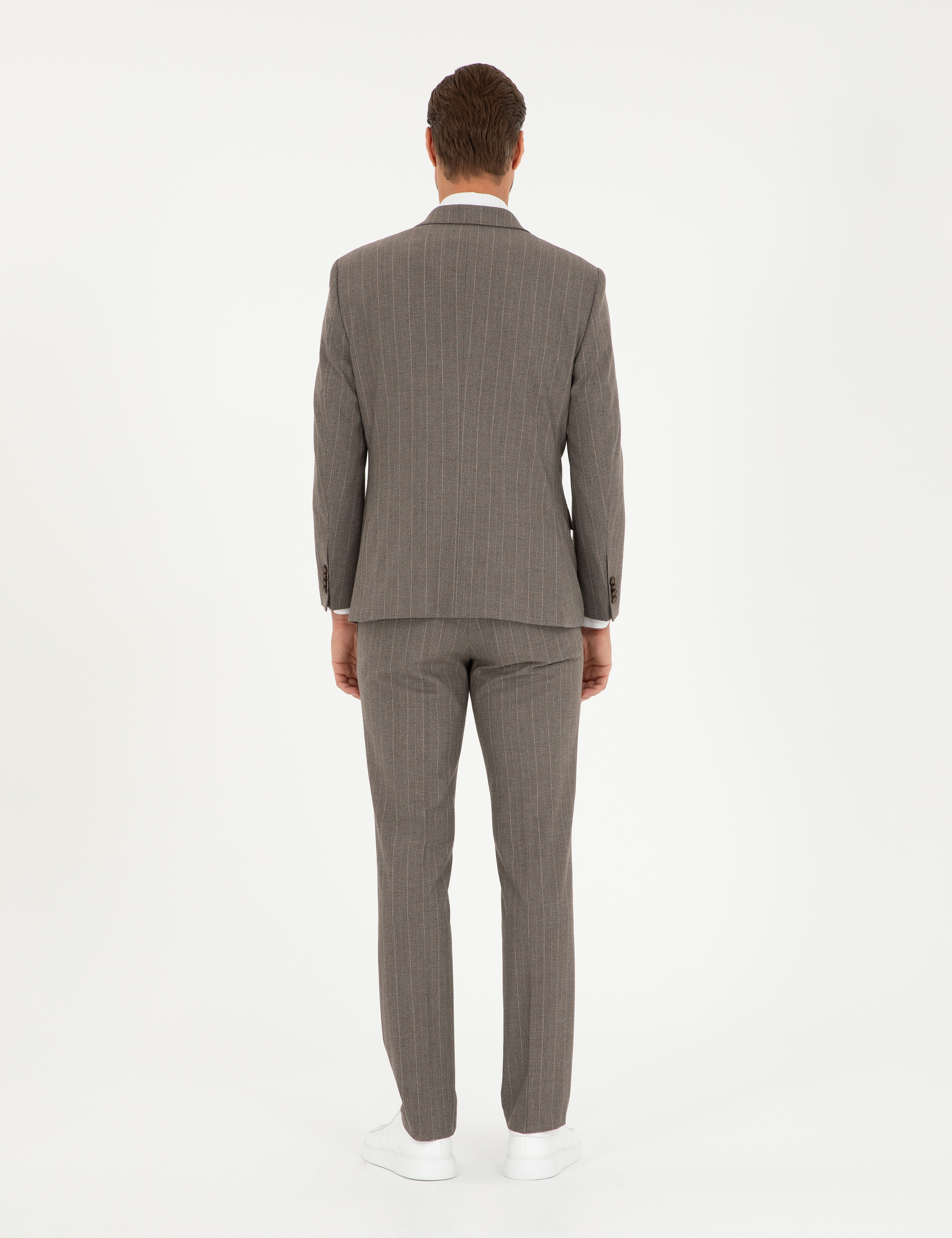 Açık Kahverengi Slim Fit Çizgili Takım Elbise - Image 5