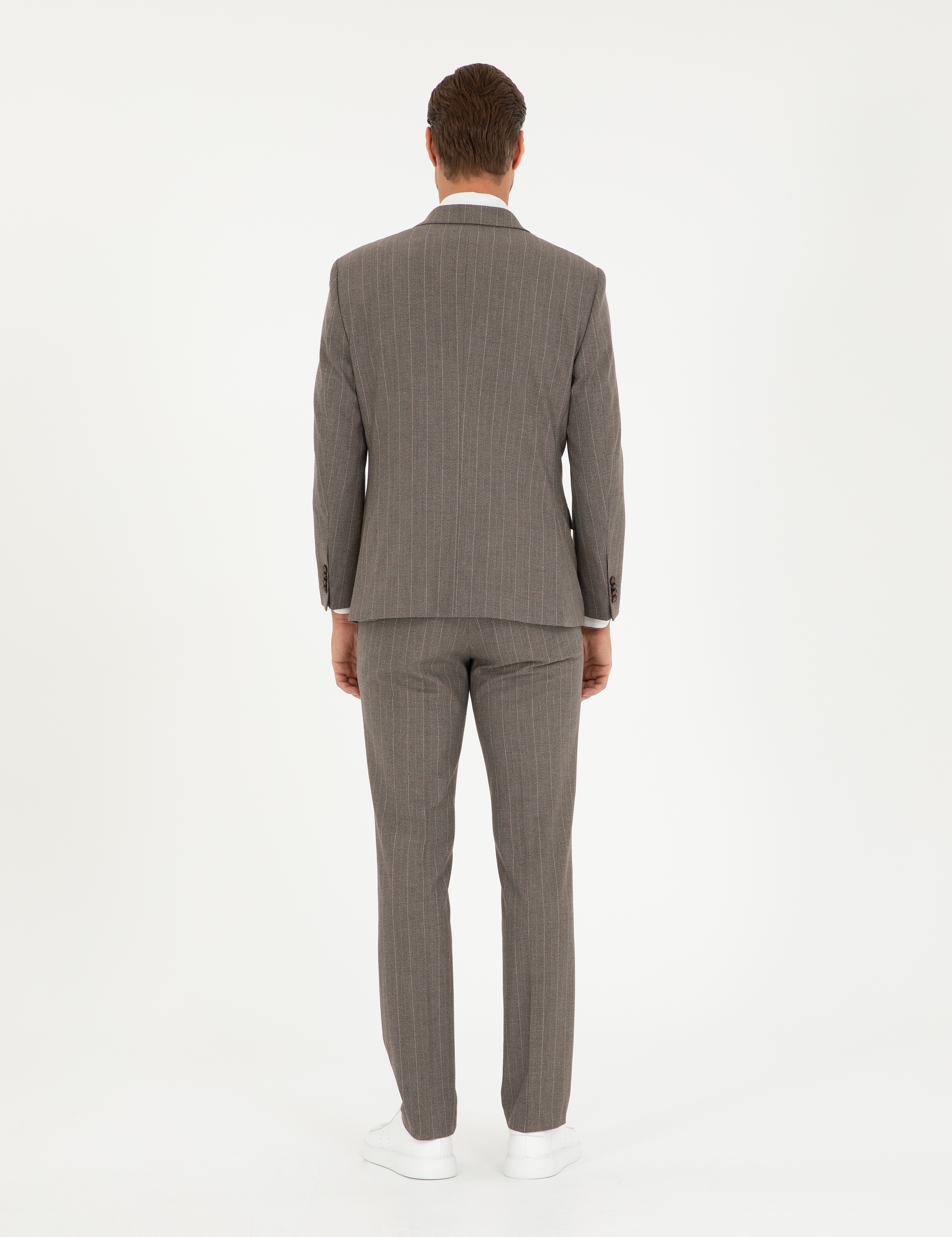 Açık Kahverengi Slim Fit Çizgili Takım Elbise