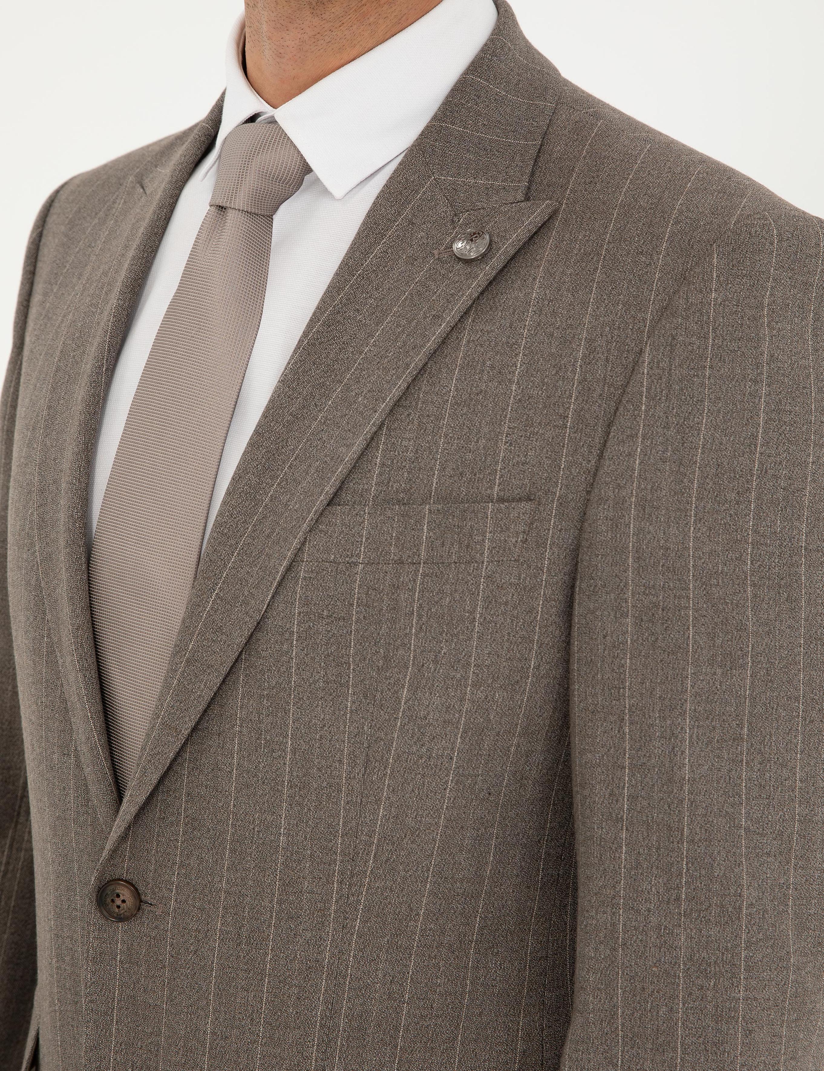 Açık Kahverengi Slim Fit Çizgili Takım Elbise