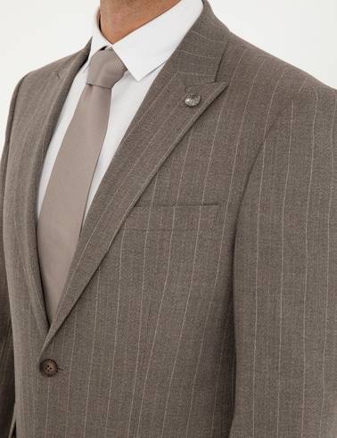 Açık Kahverengi Slim Fit Çizgili Takım Elbise